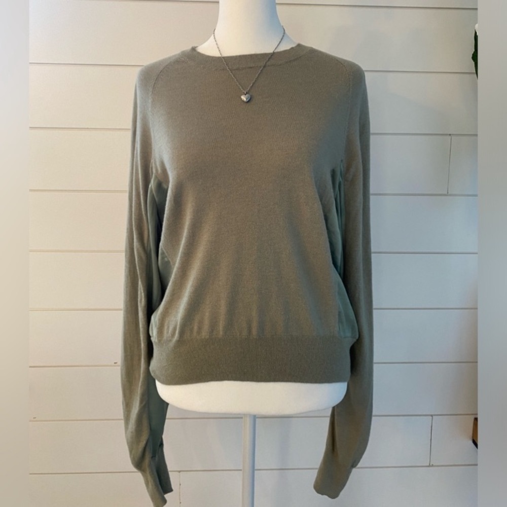 Anthropologie Paper Label Green Crewneck Thin Knit Cotton Silk Minimal Sweater S
